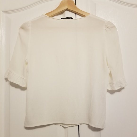 Zara TRF White Button Down Ruffle Trim Sleeve V-Neck Flowy Crop Summer Blouse - Picture 3 of 10
